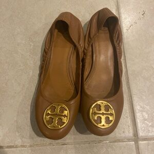 Tory Burch Tan Flats with Gold Emblem